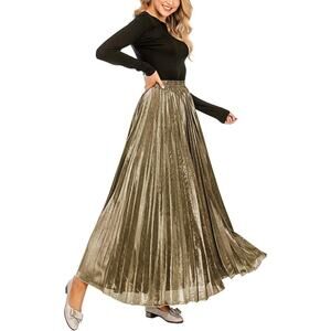 Chartou Metallic Shimmer Accordion Pleated Maxi Skirt - Gold - XS